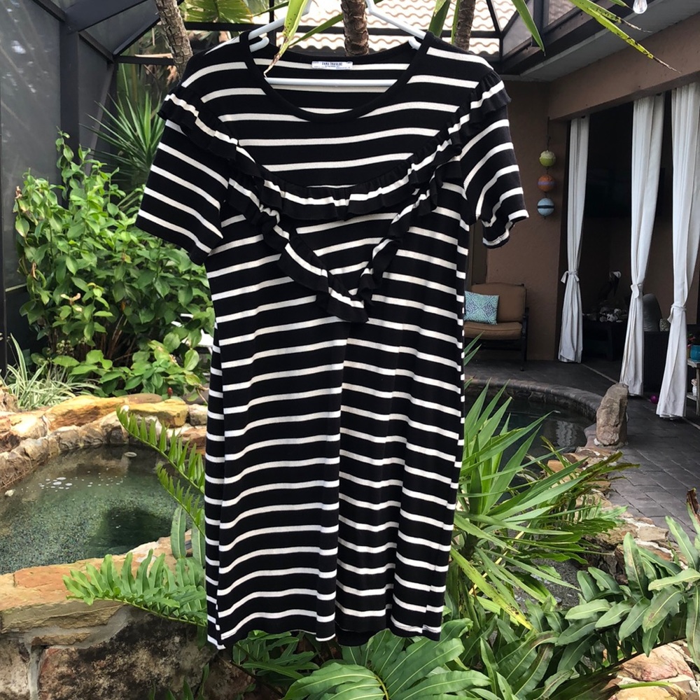 M Black and white striped Zara ruffled mini dress